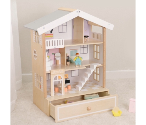 Classic World Duży Drewniany Domek dla Lalek 2 Figurki NATURALNE DREWNO 28 el.