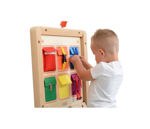 MASTERKIDZ Drewniana Tablica Manipulacyjna Ścienna Flex Kolorowe Kieszonki Klamry i Rzepy