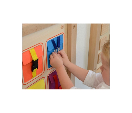 MASTERKIDZ Drewniana Tablica Manipulacyjna Ścienna Flex Kolorowe Kieszonki Klamry i Rzepy