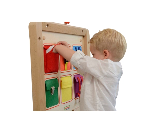 MASTERKIDZ Drewniana Tablica Manipulacyjna Ścienna Flex Kolorowe Kieszonki Klamry i Rzepy