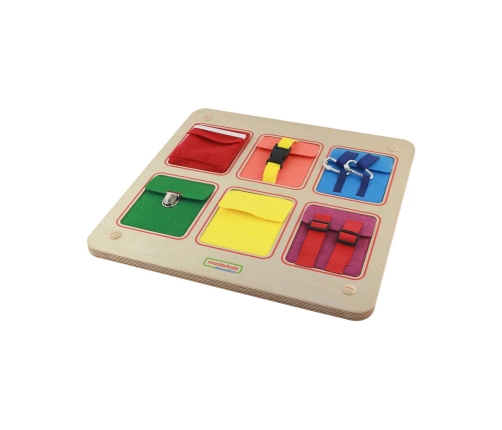 MASTERKIDZ Drewniana Tablica Manipulacyjna Ścienna Flex Kolorowe Kieszonki Klamry i Rzepy