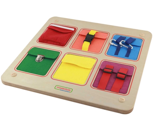 MASTERKIDZ Drewniana Tablica Manipulacyjna Ścienna Flex Kolorowe Kieszonki Klamry i Rzepy