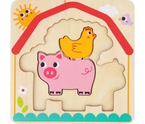 Tooky Toy Drewniane Puzzle Montessori Wielowarstwowe Tablica Zwierzątka na Farmie 7 el.