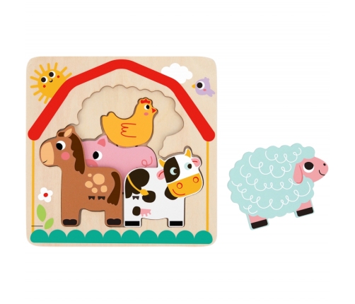 Tooky Toy Drewniane Puzzle Montessori Wielowarstwowe Tablica Zwierzątka na Farmie 7 el.