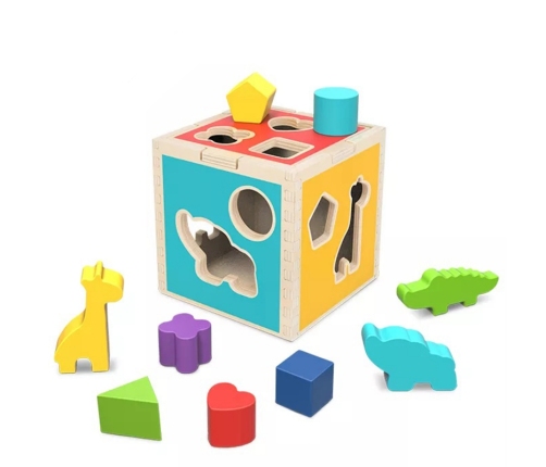 Tooky Toy Drewniany Sorter Kostka Edukacyjna Zwierzątka Figury Geometryczne