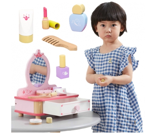 VIGA Drewniana Toaletka Różowa Do Makijażu z Lustrem + Akcesoria