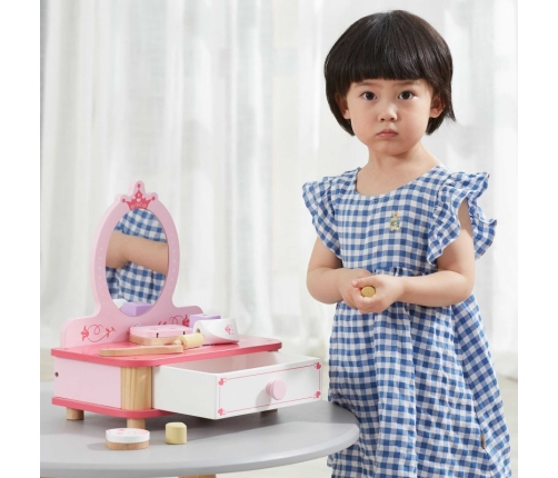 VIGA Drewniana Toaletka Różowa Do Makijażu z Lustrem + Akcesoria