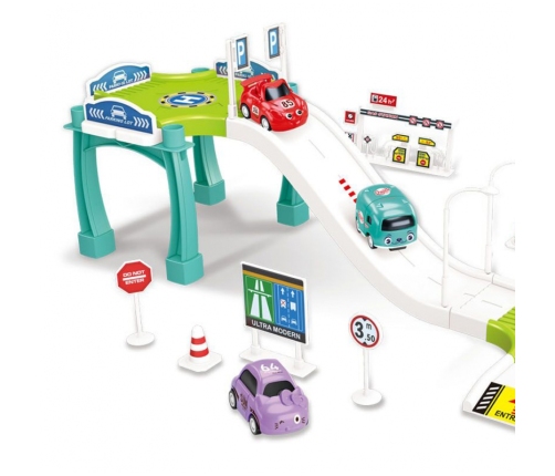 WOOPIE Tor Parking Garaż Samochodowy Zestaw Stacja Paliw Znaki Drogowe +  3 Auta