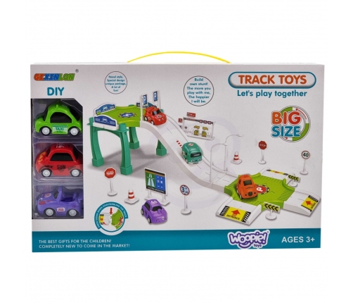 WOOPIE Tor Parking Garaż Samochodowy Zestaw Stacja Paliw Znaki Drogowe +  3 Auta