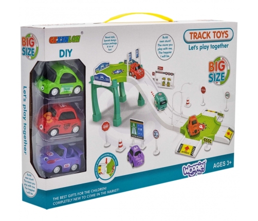 WOOPIE Tor Parking Garaż Samochodowy Zestaw Stacja Paliw Znaki Drogowe +  3 Auta