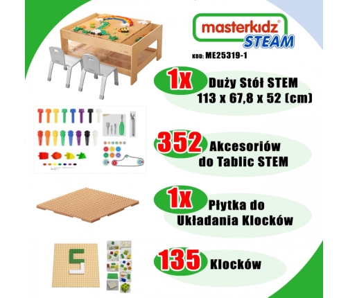 MASTERKIDZ Drewniany Stół Edukacyjny + AKCESORIA STEM WALL + 135 Klocków