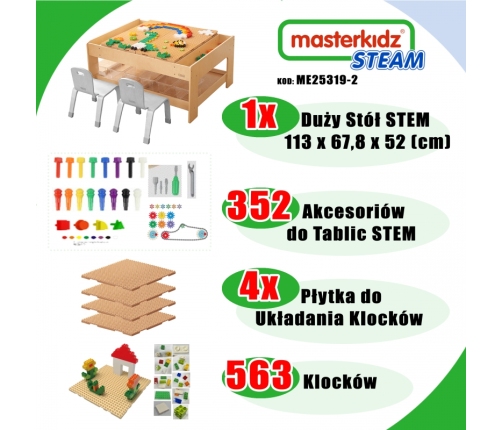 MASTERKIDZ Drewniany Stół Edukacyjny + AKCESORIA STEM WALL + 563 Klocków