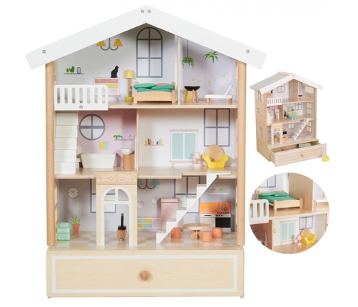 Classic World Duży Drewniany Domek dla Lalek 2 Figurki NATURALNE DREWNO 28 el.