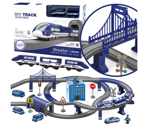 WOOPIE Electric Train Car Track Police Station Helicopter Cars 92 pcs.