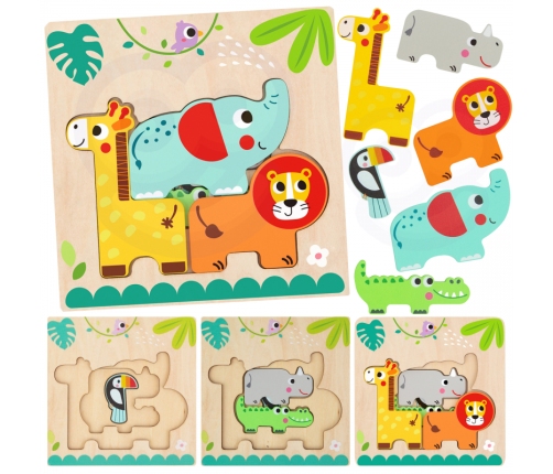 Tooky Toy Drewniane Puzzle Montessori Wielowarstwowe Tablica Zwierzątka Leśne 7 el.