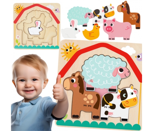 Tooky Toy Drewniane Puzzle Montessori Wielowarstwowe Tablica Zwierzątka na Farmie 7 el.