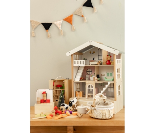 Classic World Duży Drewniany Domek dla Lalek 2 Figurki NATURALNE DREWNO 28 el.