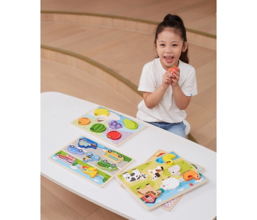 VIGA Drewniane Puzzle Układanka Montessori 2w1 Figurki Pojazdy