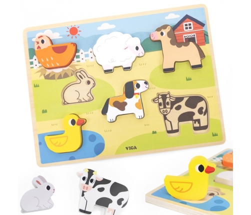 VIGA Drewniane Puzzle Układanka Montessori 2w1 Figurki Farma