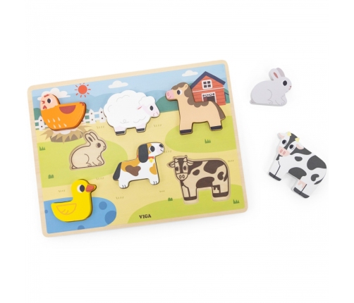 VIGA Drewniane Puzzle Układanka Montessori 2w1 Figurki Farma