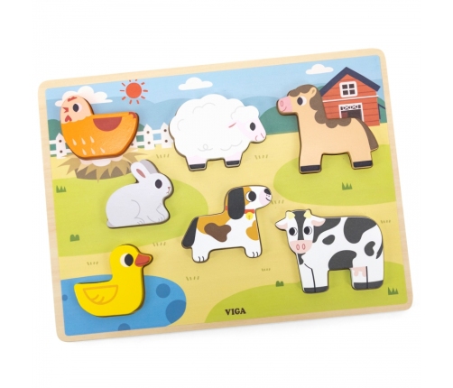 VIGA Drewniane Puzzle Układanka Montessori 2w1 Figurki Farma