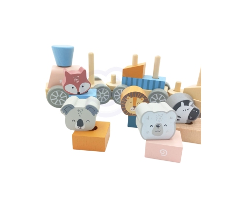 VIGA PolarB Drewniana Kolejka z wagonikami i zwierzątkami do ciągnięcia Montessori