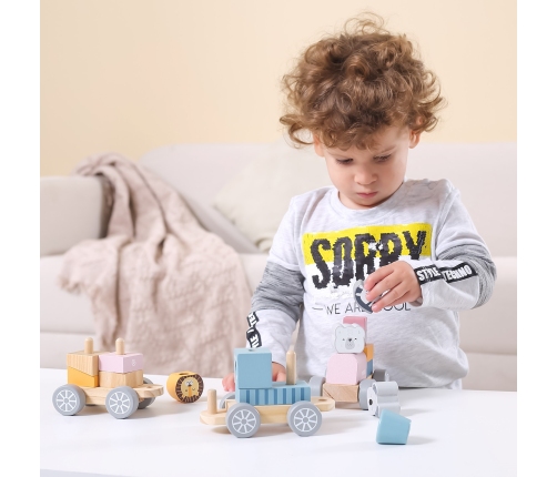 VIGA PolarB Drewniana Kolejka z wagonikami i zwierzątkami do ciągnięcia Montessori