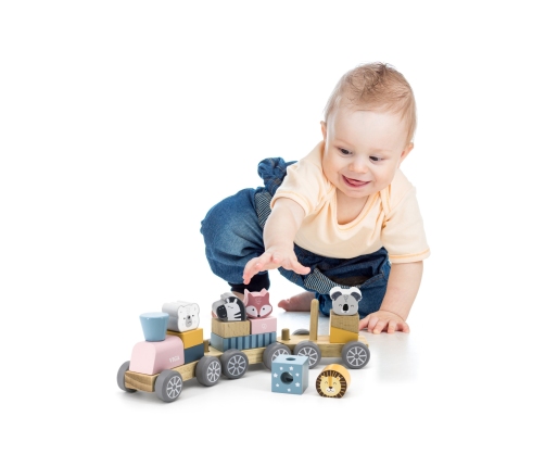 VIGA PolarB Drewniana Kolejka z wagonikami i zwierzątkami do ciągnięcia Montessori
