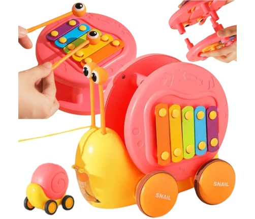 WOOPIE Ślimak do Ciągnięcia 4w1 Cymbałki Zębatki Sensoryczne Wyrzutnia + Małe Autko