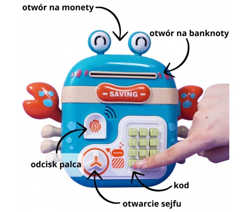 WOOPIE Elektroniczna Skarbonka Sejf Bankomat na Pin Kod Dostępu Krab Plecak Niebieski
