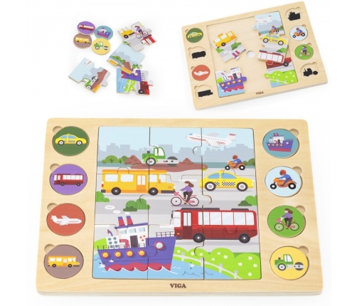 VIGA Drewniane Puzzle Odgadnij po Cieniu  - Środki Transportu Układanka 17 el.