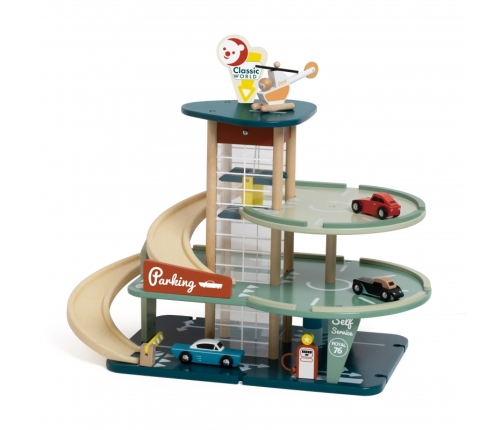 CLASSIC WORLD Wielopoziomowy Parking Auta Helikopter Dystybutor Myjnia + Akc.