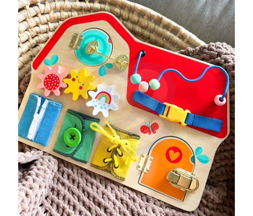 TOOKY TOY Drewniana Tablica Montessori Manipulacyjna Zamki Zębatki Pętle