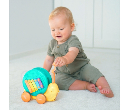 WOOPIE Ślimak do Ciągnięcia 4w1 Cymbałki Zębatki Sensoryczne Wyrzutnia + Małe Autko