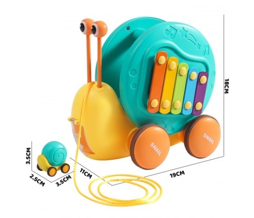 WOOPIE Ślimak do Ciągnięcia 4w1 Cymbałki Zębatki Sensoryczne Wyrzutnia + Małe Autko