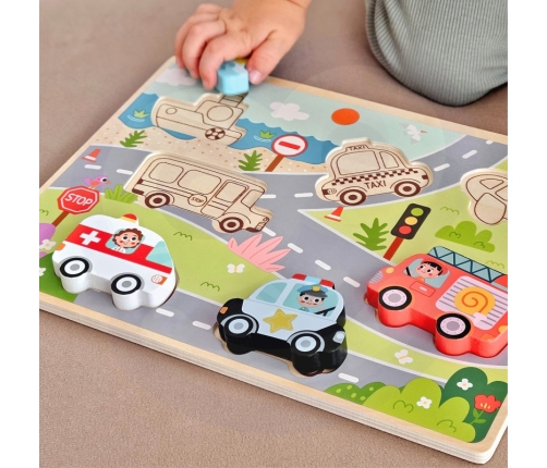 Tooky Toy Drewniane Puzzle Montessori Pojazdy Samochody Samolot Statek Miasto Dopasuj Kształty