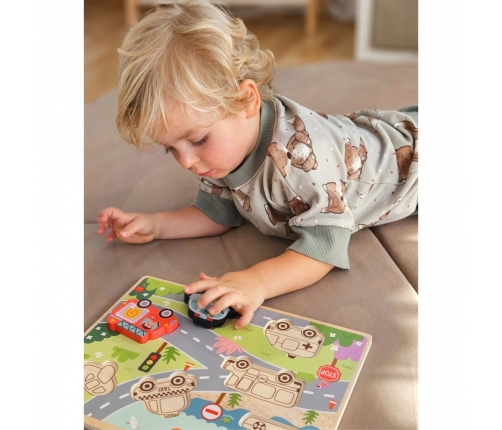 Tooky Toy Drewniane Puzzle Montessori Pojazdy Samochody Samolot Statek Miasto Dopasuj Kształty