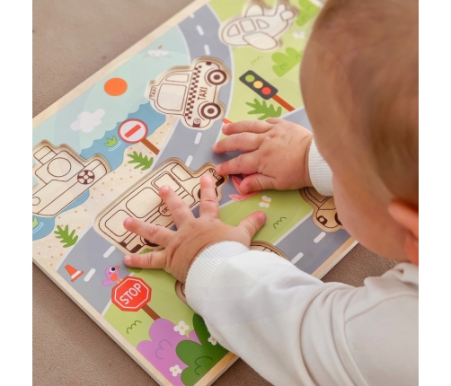 Tooky Toy Drewniane Puzzle Montessori Pojazdy Samochody Samolot Statek Miasto Dopasuj Kształty