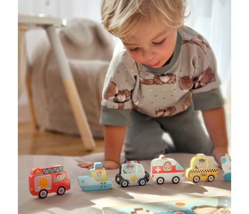 Tooky Toy Drewniane Puzzle Montessori Pojazdy Samochody Samolot Statek Miasto Dopasuj Kształty