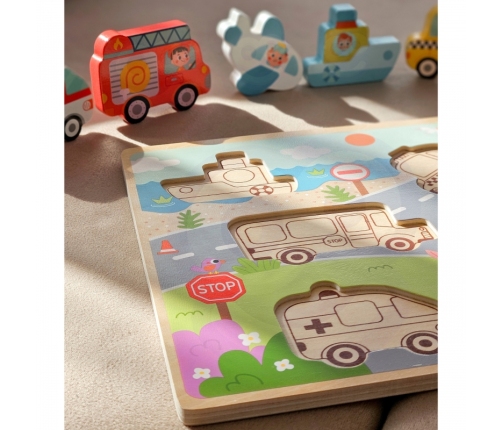 Tooky Toy Drewniane Puzzle Montessori Pojazdy Samochody Samolot Statek Miasto Dopasuj Kształty