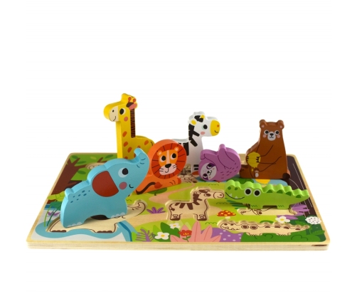 Tooky Toy Drewniane Puzzle Montessori Zwierzątka ZOO Safari Dopasuj Kształty