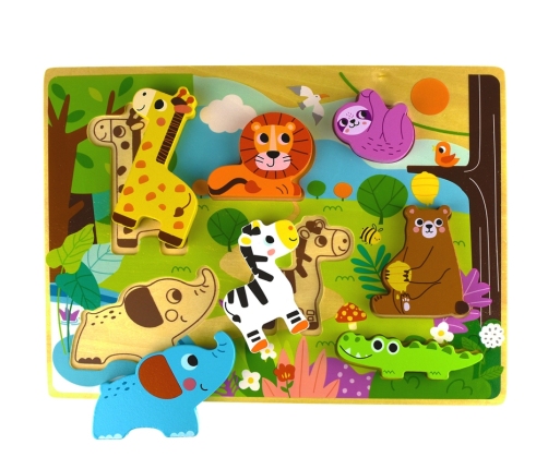 Tooky Toy Drewniane Puzzle Montessori Zwierzątka ZOO Safari Dopasuj Kształty