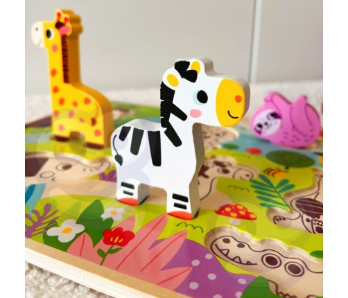 Tooky Toy Drewniane Puzzle Montessori Zwierzątka ZOO Safari Dopasuj Kształty