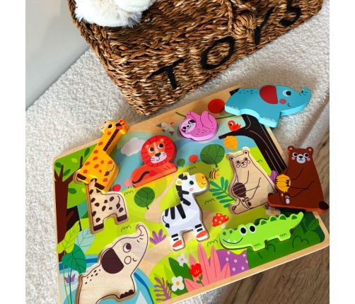 Tooky Toy Drewniane Puzzle Montessori Zwierzątka ZOO Safari Dopasuj Kształty