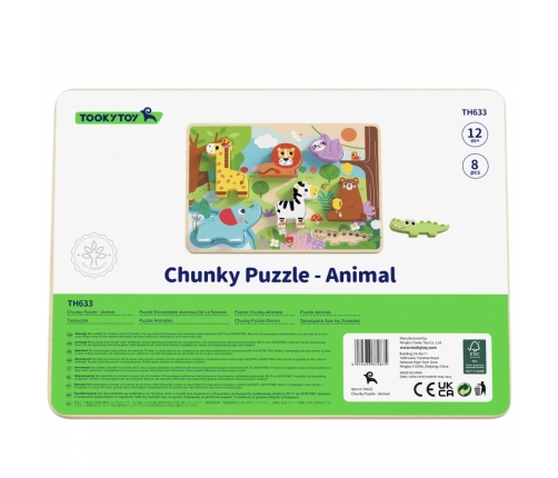 Tooky Toy Drewniane Puzzle Montessori Zwierzątka ZOO Safari Dopasuj Kształty