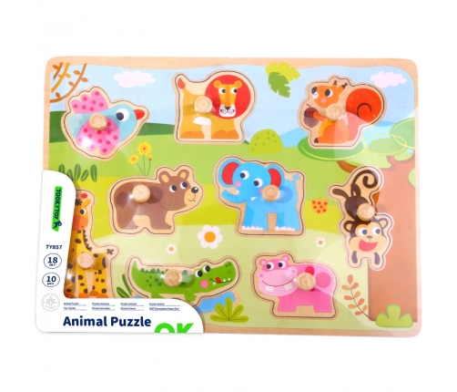 TOOKY TOY Drewniane Puzzle Montessori Zwierzęta z Pinezkami Do Dopasowania