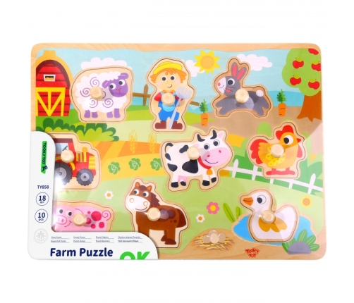 TOOKY TOY Drewniane Puzzle Montessori Farma z Pinezkami Do Dopasowania