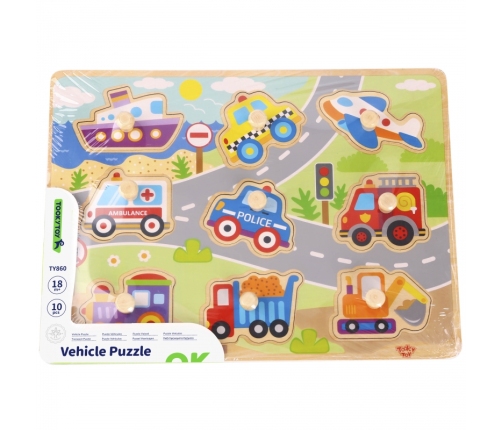 TOOKY TOY Drewniane Puzzle Montessori Transport Pojazdy z Pinezkami Do Dopasowania