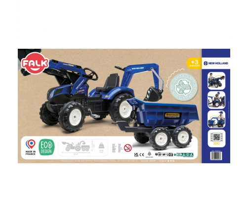 Трактор с педалями с ковшом и прицепом FALK New Holland Blue