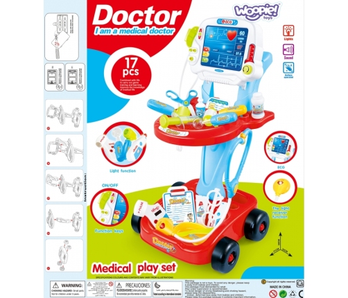 WOOPIE Wózek Małego Lekarza Niebieski Zestaw Lekarski Dla Dzieci 17 akc